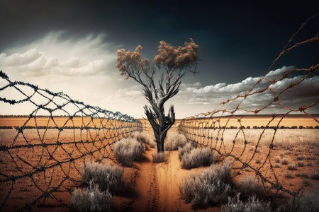 barbed wire fence separating two hostile territories, created with generative aiの素材