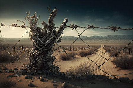 barbed wire fence separating two hostile territories, created with generative aiの素材