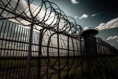 barbed wire fence surrounding prison, protecting inmates from escape, created with generative aiの素材