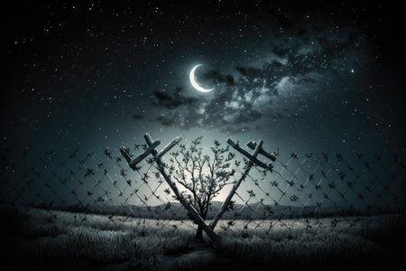 barbed-wire fence on a moonlit night, with the stars shining above, created with generative aiの素材