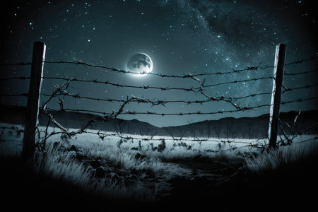 barbed-wire fence on a moonlit night, with the stars shining above, created with generative aiの素材