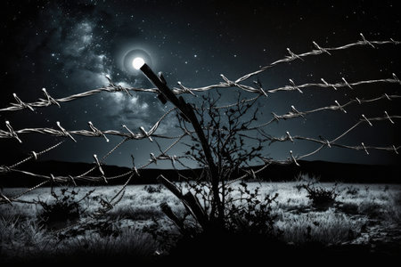 barbed-wire fence on a moonlit night, with the stars shining above, created with generative aiの素材