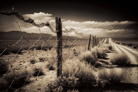 barbed wire fence separating the past from the future, created with generative aiの素材