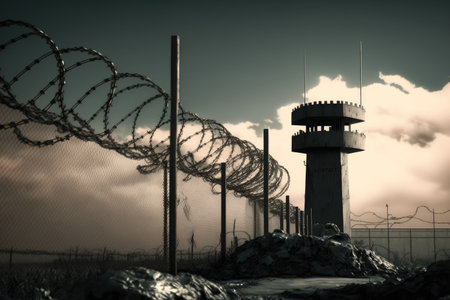 barbed wire fence around military base, with sentry tower in the background, created with generative aiの素材