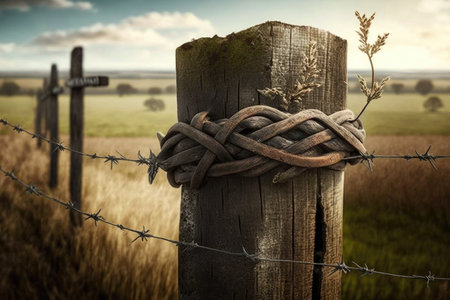 barbed wire on old fence post, with view of rolling fields in the background, created with generative aiの素材