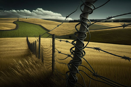 barbed wire fence in the countryside, with rolling hills and fields of wheat, created with generative aiの素材