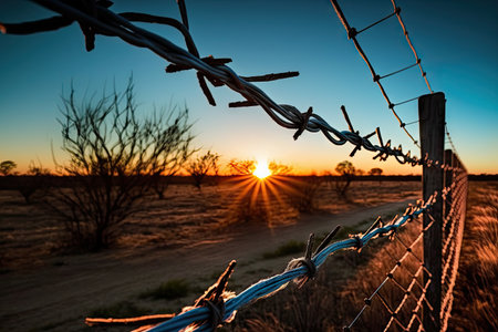 barbed wire fence with a view of the sunset, against a backdrop of clear blue sky, created with generative aiの素材