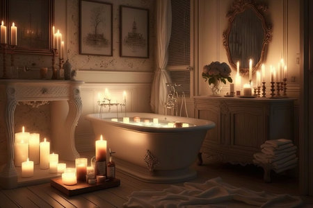 bathroom with luxurious bathtub, surrounded by candles and soft music, created with generative aiの素材