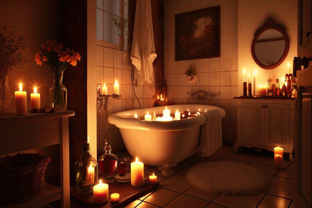 romantic bathroom, with flickering candles and steamy shower, ready for couple to enjoy, created with generative aiの素材