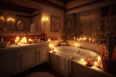 bathroom with warm glow from flickering candles, providing relaxing atmosphere, created with generative aiの素材