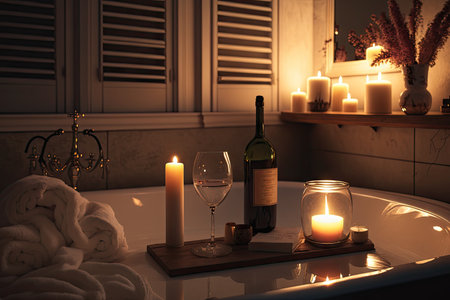 bathroom with soft ambient lighting, candles, and glass of wine for relaxing evening, created with generative aiの素材