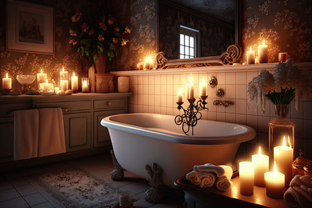 cozy bathroom with warm lighting and candlelight, providing ultimate relaxation, created with generative aiの素材