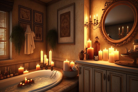 cozy bathroom with warm lighting and candlelight, providing ultimate relaxation, created with generative aiの素材