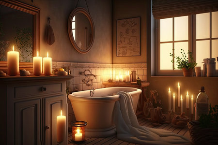 bathroom with serene candlelight, providing a tranquil escape, created with generative aiの素材