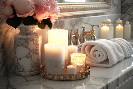 a luxurious bathroom with fluffy towels, candles and rose petals on a marble countertop, created with generative aiの素材