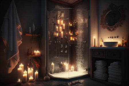 bathroom interior with candles and steamy hot shower, creating a warm and relaxing atmosphere, created with generative aiの素材