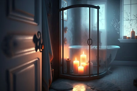 bathroom interior with candles and steamy hot shower, creating a warm and relaxing atmosphere, created with generative aiの素材