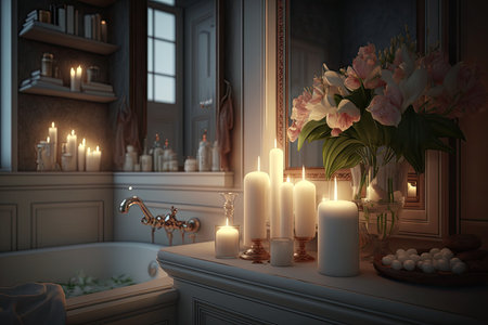luxurious bathroom, with candlelight and steam, surrounded by candles and fresh flowers, created with generative aiの素材