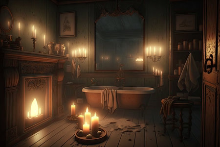 relaxing bathroom, with candlelight and steam, after long day, created with generative aiの素材