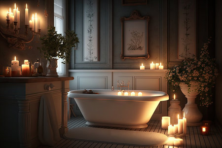 bathroom with candlelight and steam, creating cozy and relaxing atmosphere, created with generative aiの素材