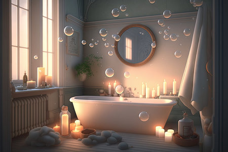 a serene bathroom, with candles and bubbles, for a relaxing soak, created with generative aiの素材