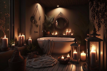 bathroom, with candlelight and warm atmosphere, is a perfect place for relaxation, created with generative aiの素材