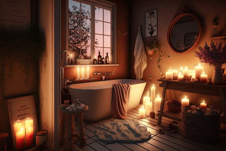 bathroom interior with warm and cozy atmosphere, created by candlelight and soft music, created with generative aiの素材