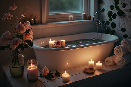 relaxing bathtub with candles, oils, and fresh flowers on bathroom counter, created with generative aiの素材