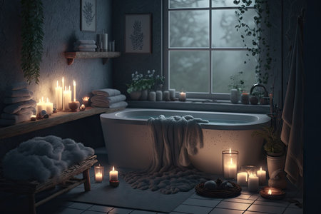 bathroom, with candlelight and steamy mist, creating a serene and relaxing atmosphere, created with generative aiの素材