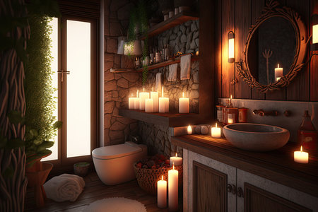 bathroom with warm and cozy atmosphere, created by the combination of natural materials, light from candles and music, created with generative aiの素材