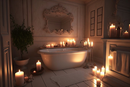 bathroom with candlelight and relaxing music, creating tranquil atmosphere, created with generative aiの素材