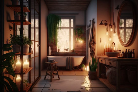 enchanting bathroom, with warm lighting and cozy atmosphere, perfect for relaxing and unwinding after a long day, created with generative aiの素材