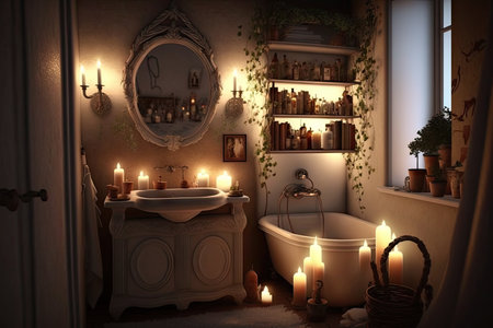 bathroom, with soft candlelight and relaxing music, for a cozy and romantic atmosphere, created with generative aiの素材
