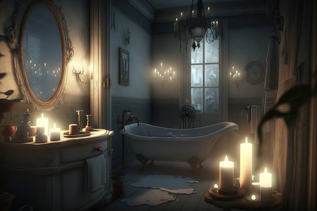 bathroom, with candlelight and steamy mist, providing cozy and romantic setting, created with generative aiの素材