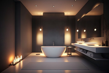 modern bathroom, with sleek and minimalist design, transformed by the warm glow of candles, created with generative aiの素材
