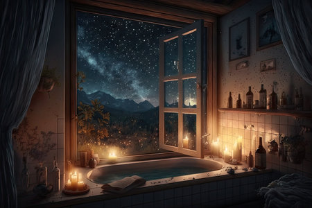 a bathroom with a view of the night sky, filled with stars and candles flickering on the windowsill, created with generative aiの素材