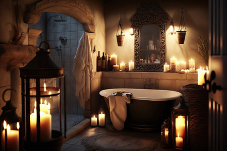 bathroom, with candlelight and steam from the shower, creating cozy ambiance, created with generative aiの素材