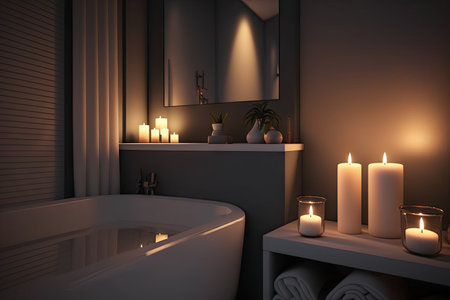 bathroom with candlelight and minimalistic design, where the focus is on comfort and relaxation, created with generative aiの素材