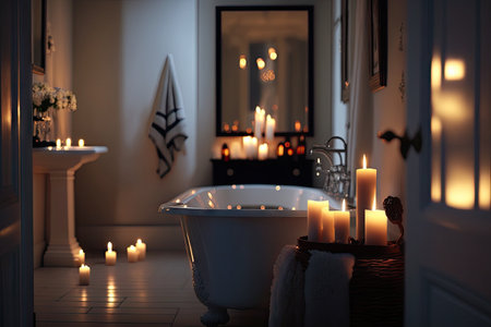 luxurious bathroom, with candlelight and steam floating across the room, providing a serene atmosphere, created with generative aiの素材