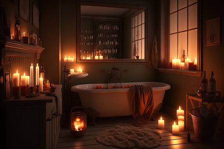 bathroom with candles, flickering and casting a warm glow on the room, created with generative aiの素材