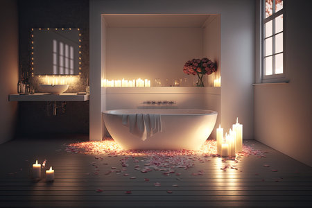 bathroom with candlelight and rose petals, creating romantic and relaxing atmosphere, created with generative aiの素材