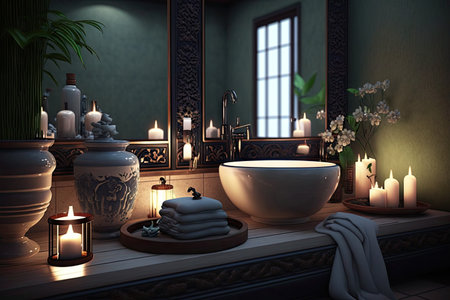 bathroom, with candles and incense burning, creating serene atmosphere, created with generative aiの素材