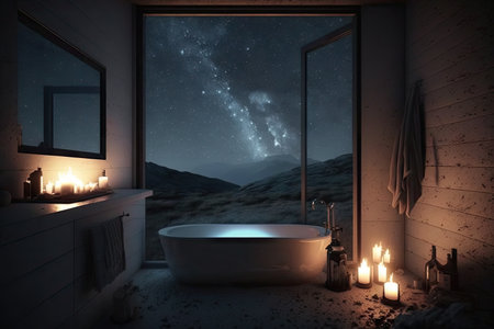 bathroom with candlelight and view of the night sky, bringing serene calm, created with generative aiの素材