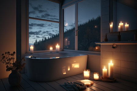 bathroom with candlelight and view of the night sky, bringing serene calm, created with generative aiの素材
