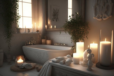 bathroom with candlelight and white accents, creating serene and calming atmosphere, created with generative aiの素材