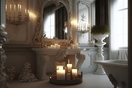 glamorous bathroom with elegant decor and candles burning in the background, created with generative aiの素材