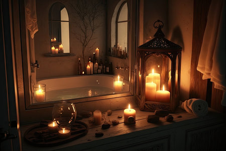 bathroom with flickering candles, atmospheric lighting and plush towels for a romantic evening, created with generative aiの素材