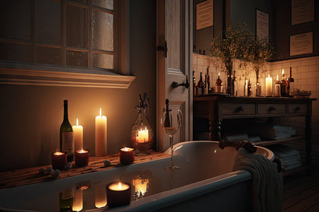 relaxing bathroom with candlelight, bathtub, and glass of wine on nightstand, created with generative aiの素材