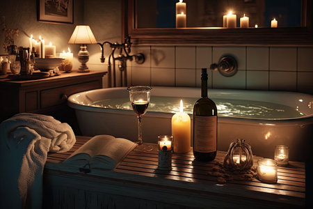 relaxing bathroom with candlelight, bathtub, and glass of wine on nightstand, created with generative aiの素材