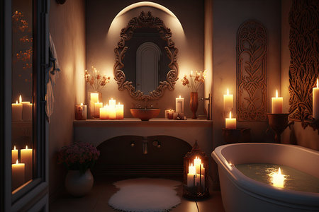 bathroom with candlelight, providing warm and relaxing atmosphere, created with generative aiの素材